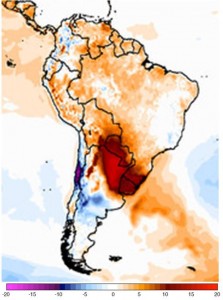 O mapa (Universidade do Maine) mostras as anomalias de temperatura na América do Sul previstas agora pro fim da semana. As anomalias (desvios) em relação à média histórica chegam a cerca de 15ºC à tarde na área Central do continente, inclusive no Rio Grande do Sul.